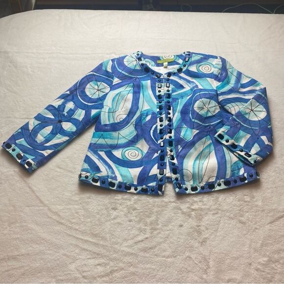 Sigrid Olsen Blue Tone On White 3/4 Sleeve Jacket Size 6 - Picture 1 of 11